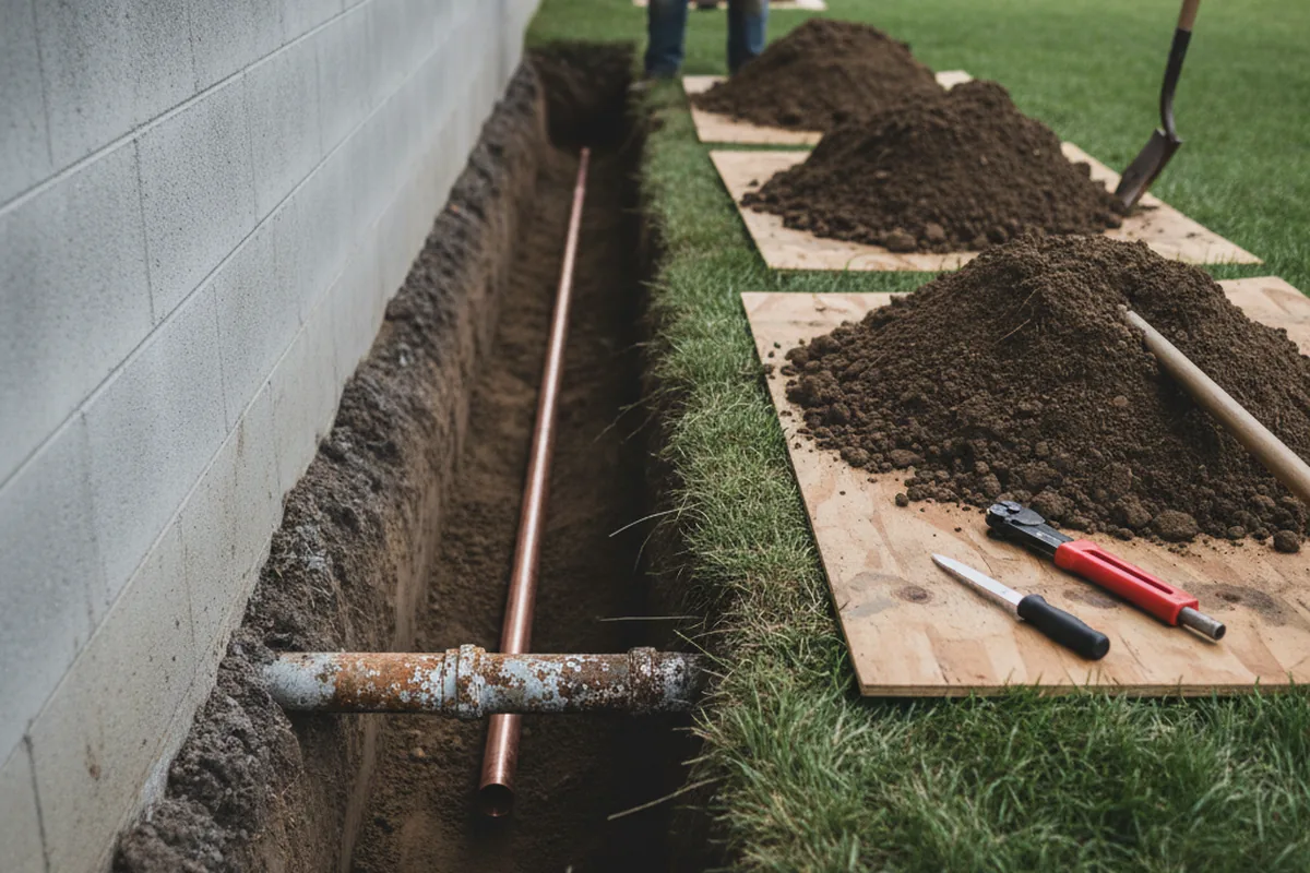 Excavated water line trench during Water Heater Repair in Banks